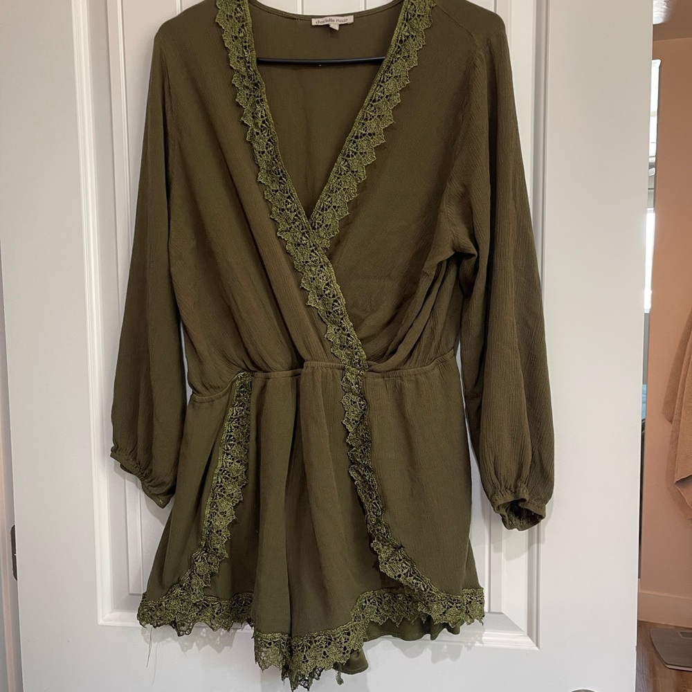 Charlotte Russe Olive Green Lace Trim Romper